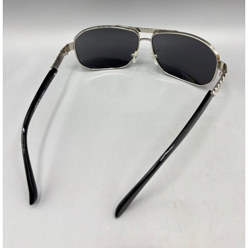 Louis Valentin Aviator Sunglasses Silver Frame Black Lenses‎ Rhinestones 3159LO